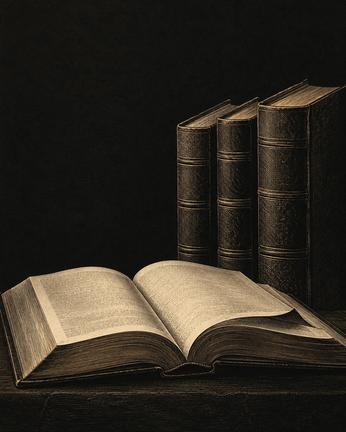 Composição editorial de livros escuros, em gravura sobre fundo preto.