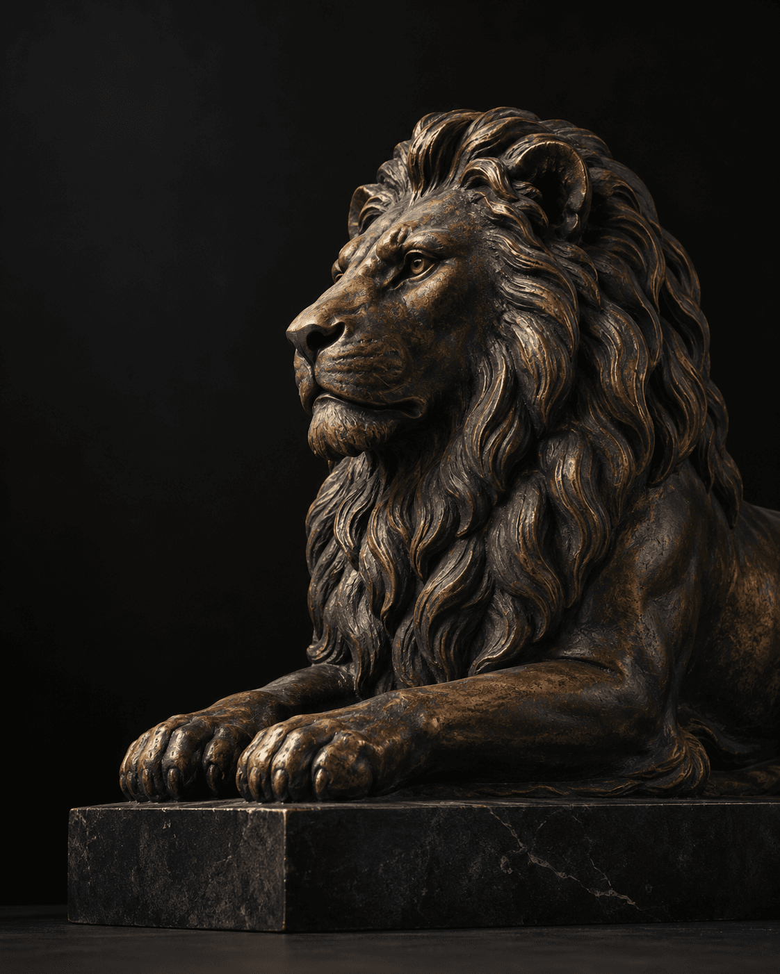 Leão figurativo de bronze escuro em composição editorial.
